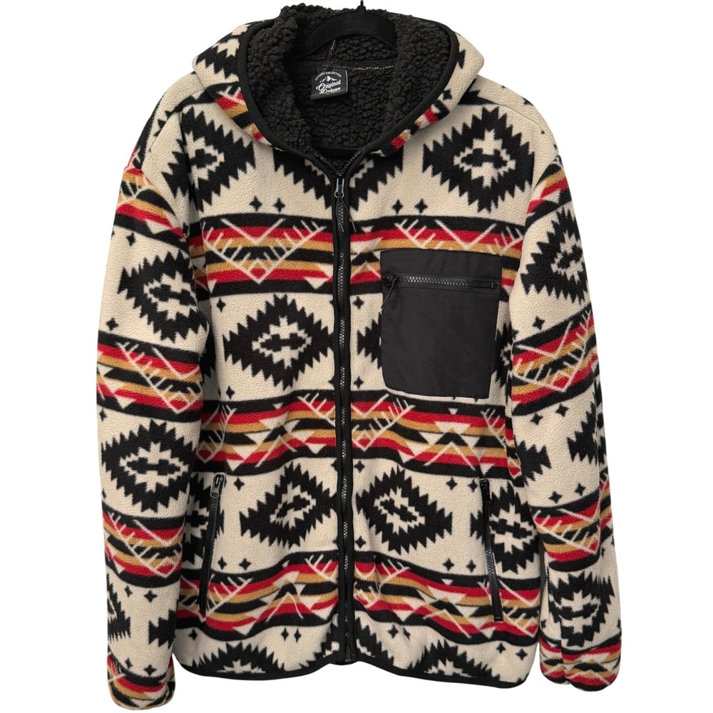 Original Deluxe Mens Sherpa Lined Fleece Hoodie Jacket Southwestern Tribal L